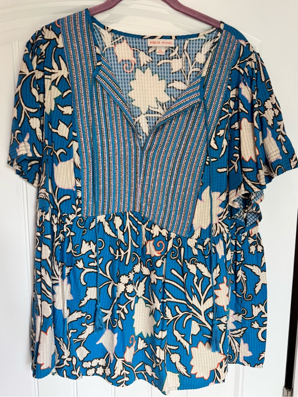 Knox Rose XXL Blue Floral Boho Peasant Top Tassel Tie Mixed Print Flowy Blouse